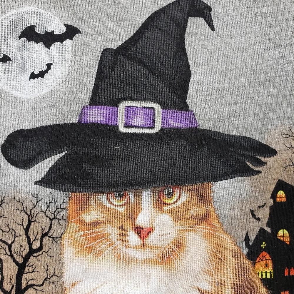 Celebrate Halloween witch cat with haunted house & pumpkins graphic tshirt Sz M - Picture 3 of 6